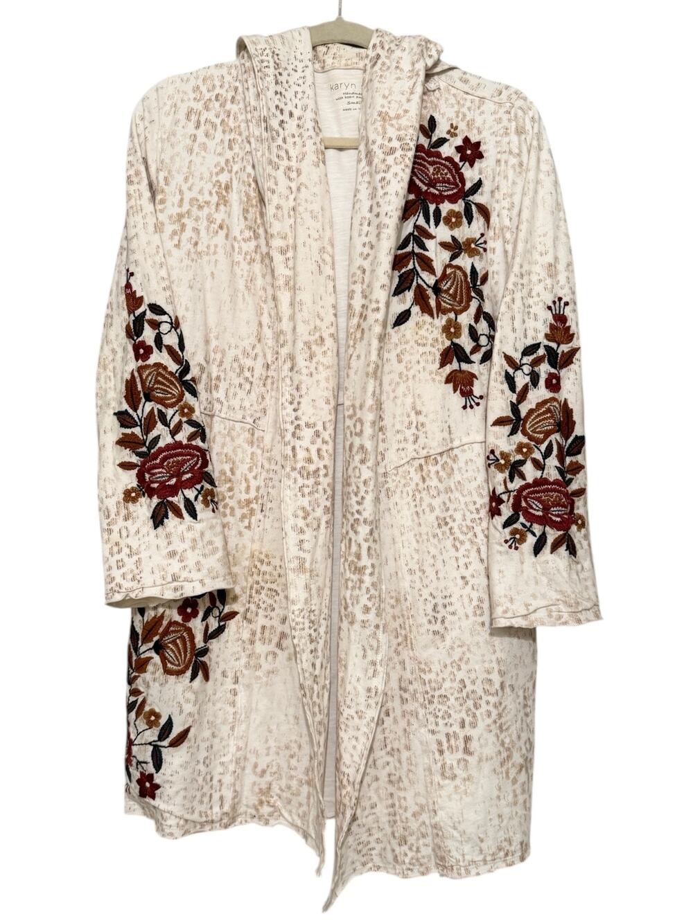 Karyn Seo Handmade Hooded Cardigan Small Embroidered Floral Duster Boho India